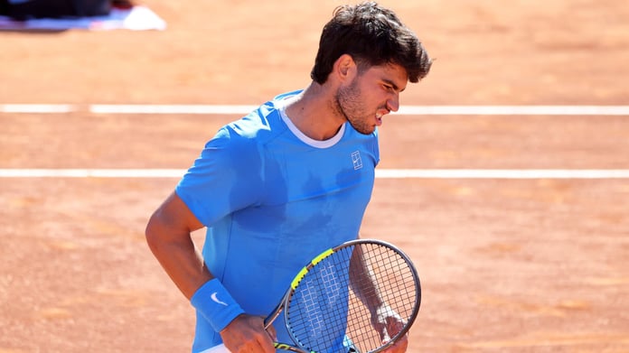 Carlos Alcaraz hitting forehand during training session ahead of his return at Cincinnati Open 2026