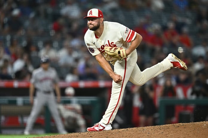 Los Angeles Angels players at Angel Stadium during a July 2026 game against the Houston Astros