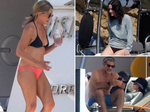 Jennifer Aniston Courteney Cox Pedro Pascal aboard David Geffen Rising Sun superyacht off Mallorca
