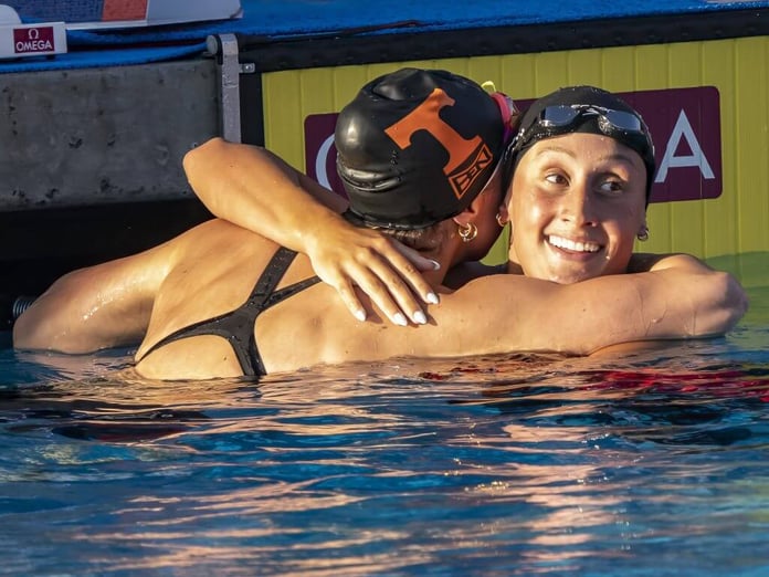 Anna Moesch reacts after winning the women's 200m freestyle at the 2026 Toyota US National Championships in Irvine California