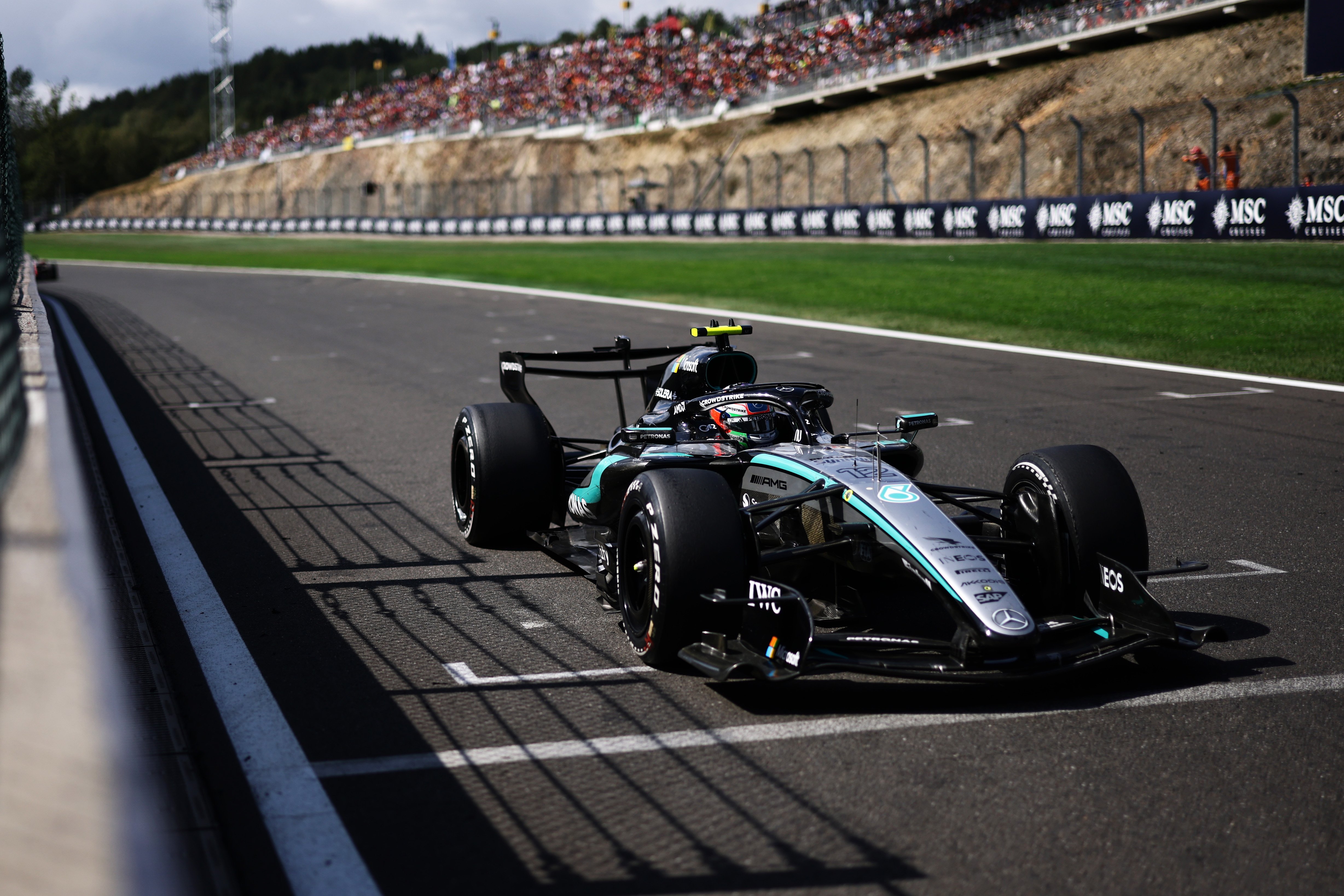 Kimi Antonelli celebrates winning the 2026 Belgian Grand Prix at Spa-Francorchamps