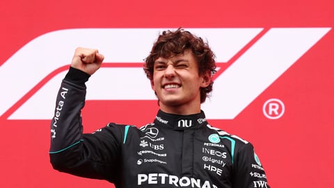 Kimi Antonelli celebrates winning the 2026 Belgian Grand Prix at Spa-Francorchamps for his sixth victory of the season