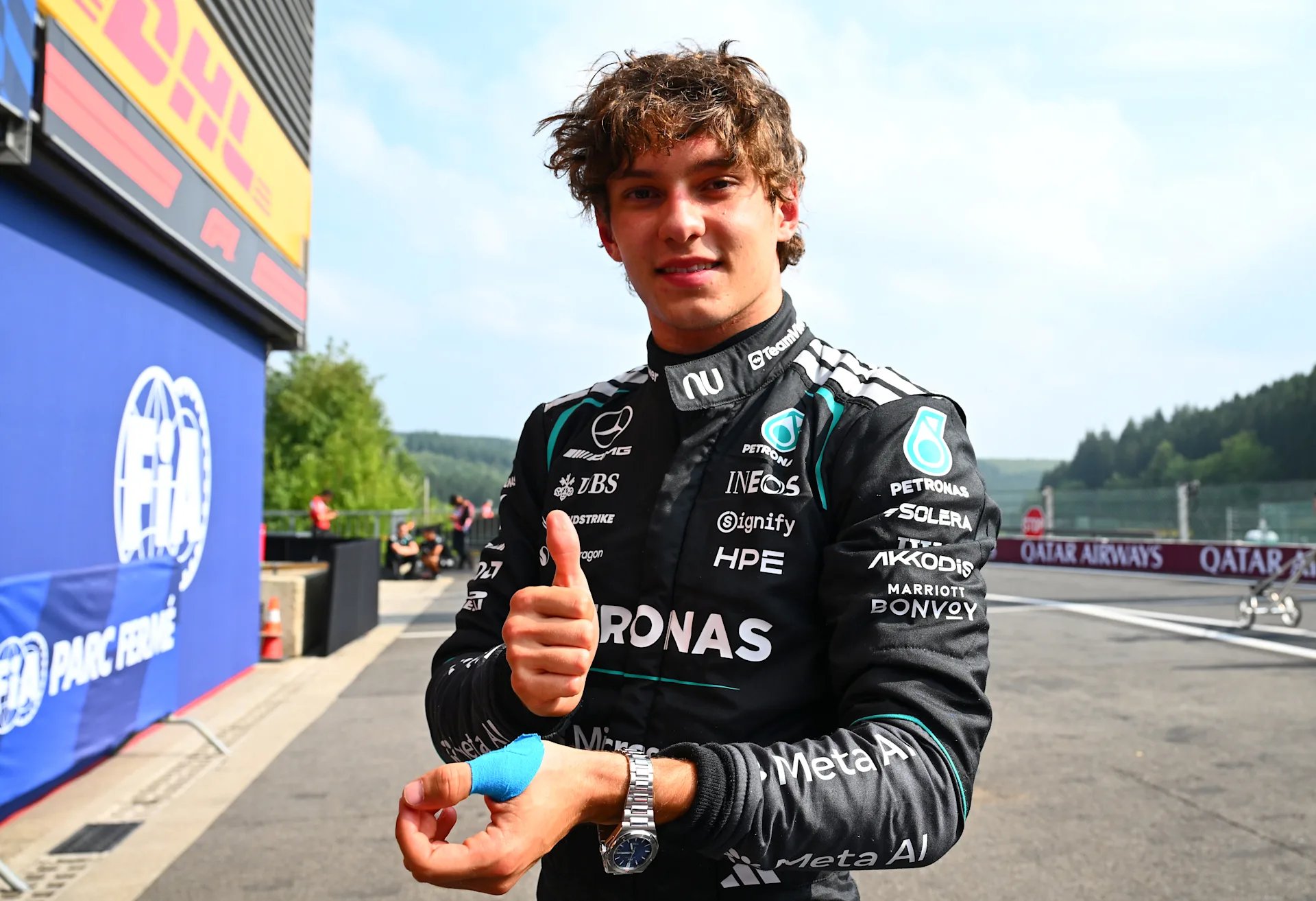 Kimi Antonelli celebrates pole position after qualifying for the 2026 Belgian Grand Prix at Spa-Francorchamps.