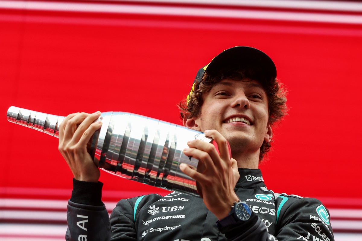 Kimi Antonelli on the podium after winning the 2026 Belgian Grand Prix at Spa-Francorchamps