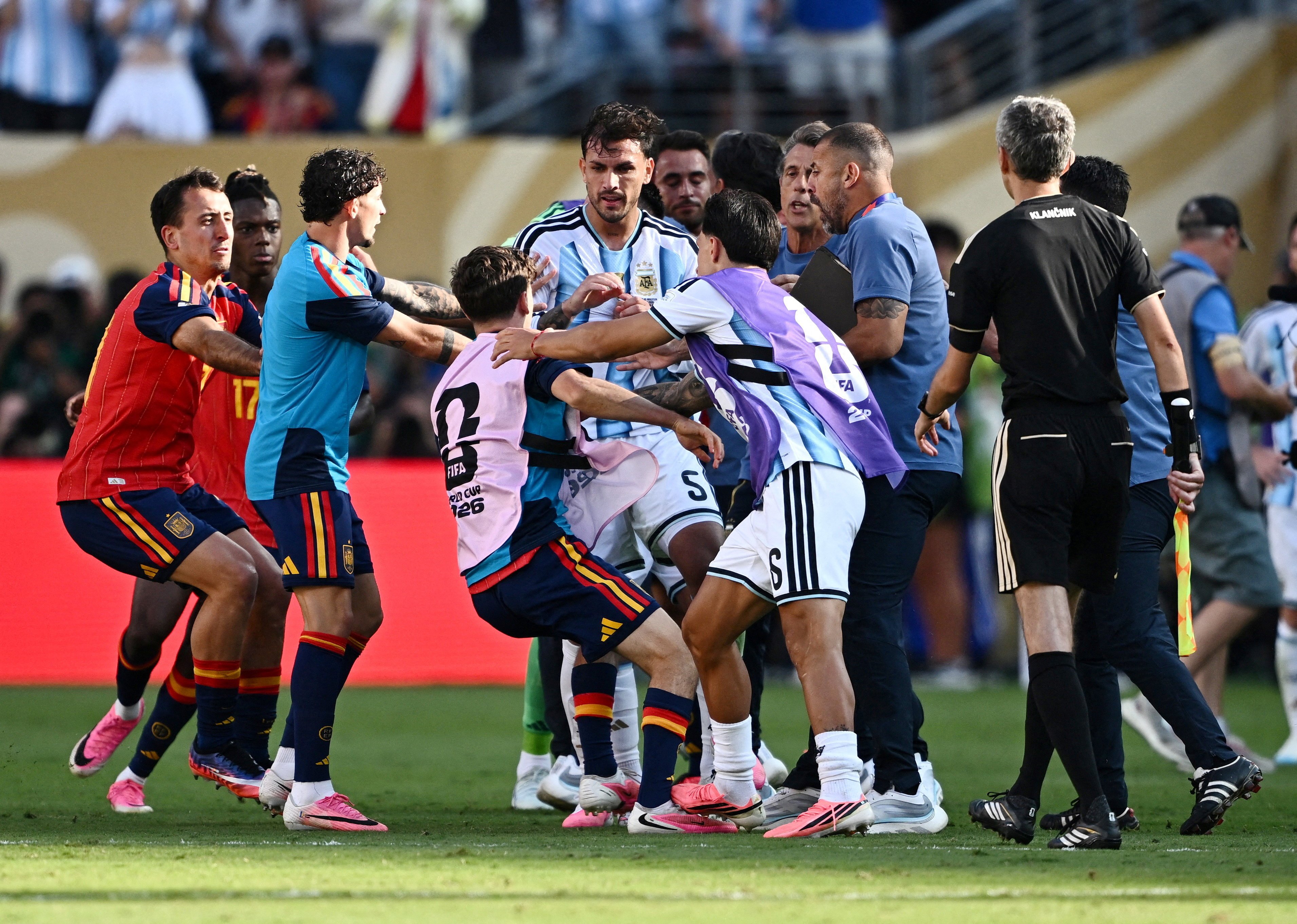 Argentina's Leandro Paredes clashes with Spain's Gavi after the 2026 World Cup Final