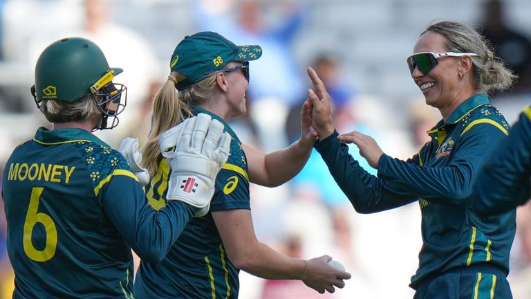 Ashleigh Gardner bowls in the ICC Women's T20 World Cup 2026 semi-final against West Indies at The Oval