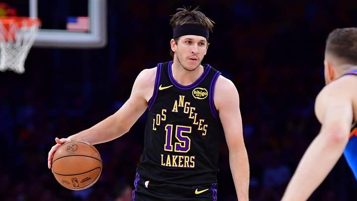 Austin Reaves of the Los Angeles Lakers moves the ball during the 2026 NBA Playoffs