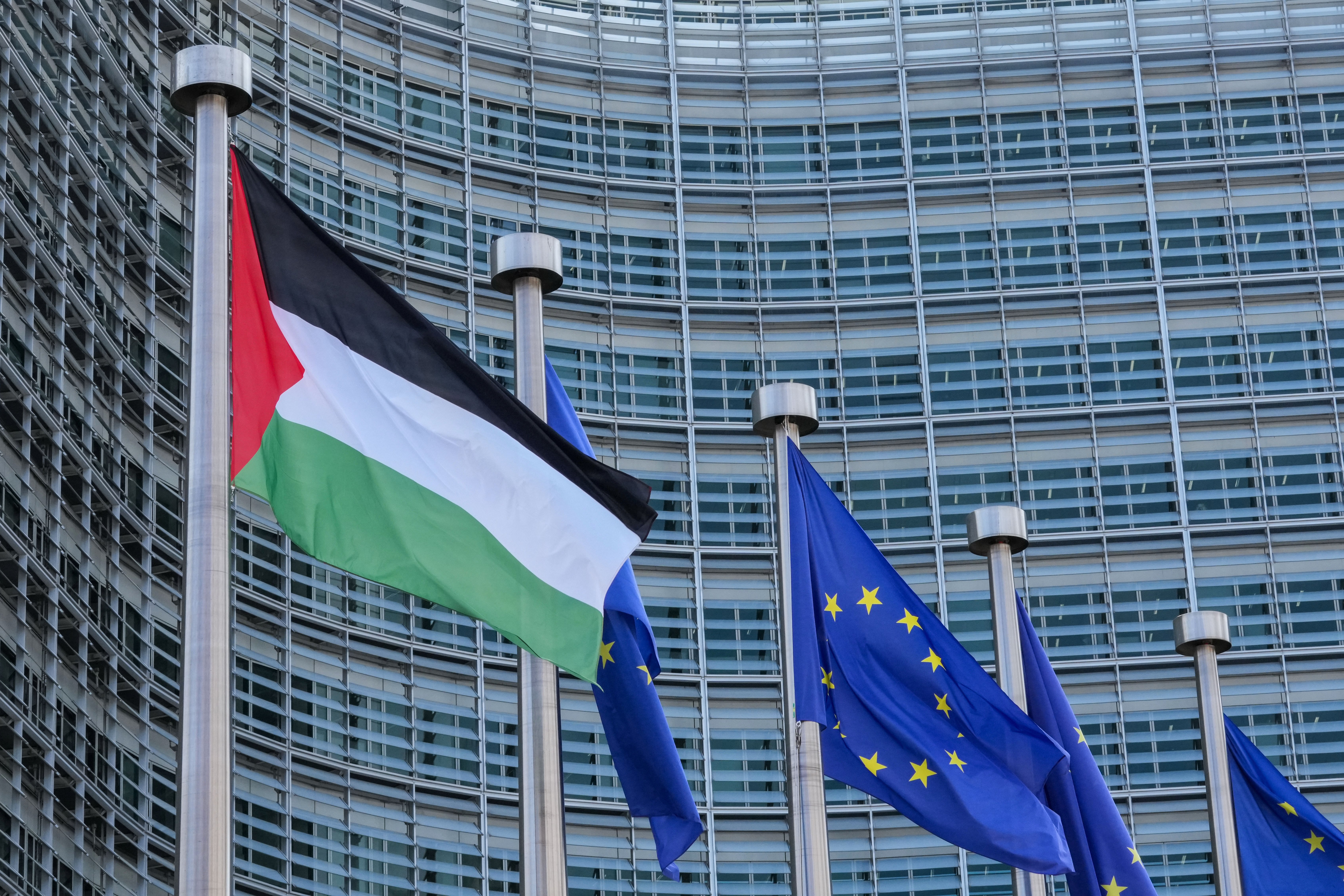 Palestinian and EU flags at EU headquarters in Brussels ahead of Palestinian Donors Conference, July 2026