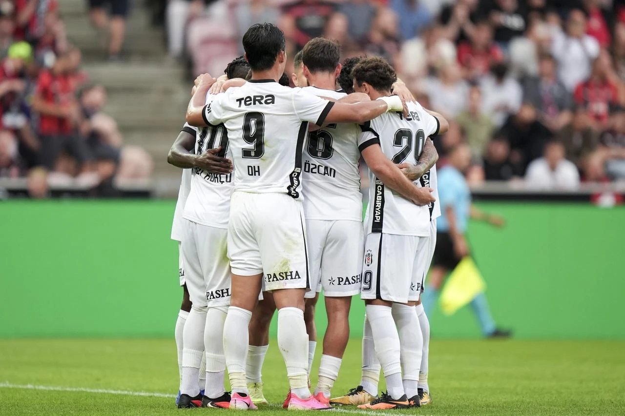 Besiktas players celebrate Orkun Kokcu goal during Europa League qualifying second round second leg against FC Midtjylland at MCH Arena in Herning Denmark July 30 2026