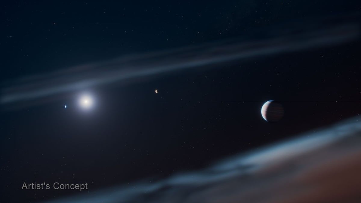 Artist's concept of the Beta Pictoris star system showing the newly discovered third planet Beta Pictoris d detected by JWST