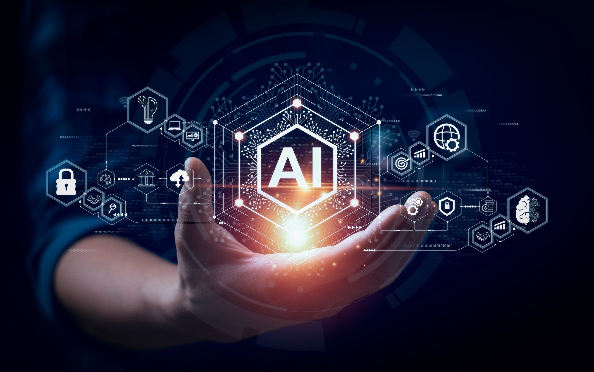 Businessman interacting with artificial intelligence visualization representing Bhavin Turakhia's Neo AI workplace platform