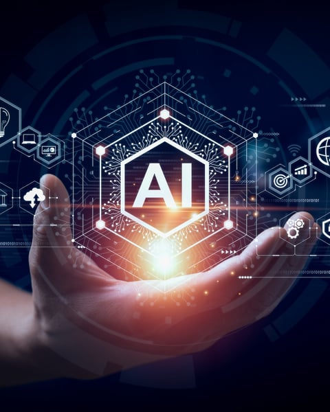 Businessman interacting with artificial intelligence visualization representing Bhavin Turakhia's Neo AI workplace platform