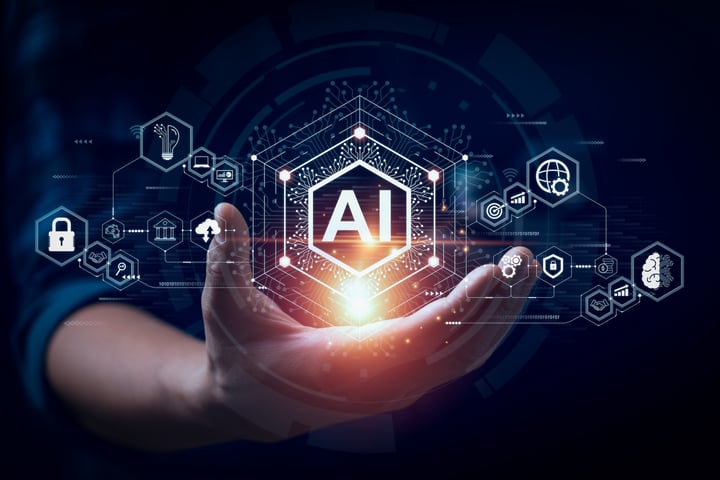 Businessman interacting with artificial intelligence visualization representing Bhavin Turakhia's Neo AI workplace platform