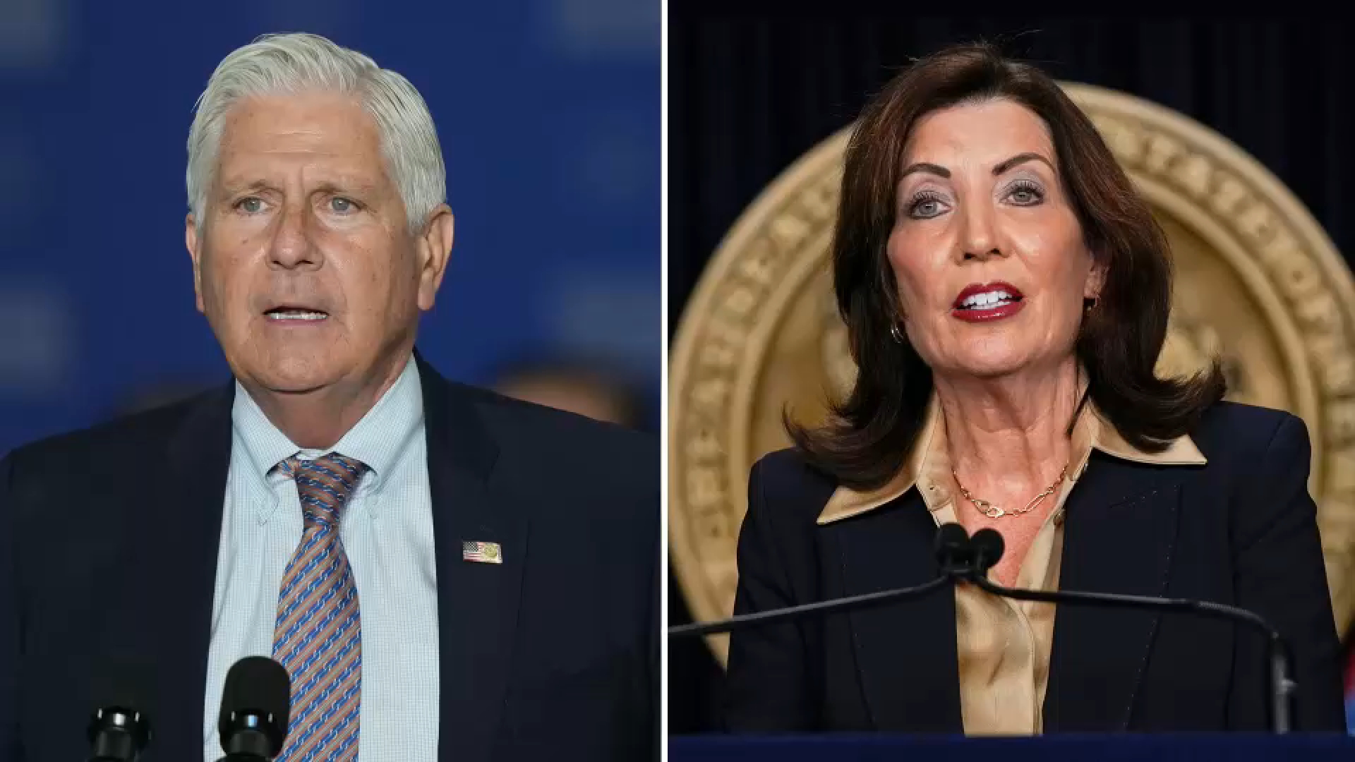 Nassau County Executive Bruce Blakeman and Governor Kathy Hochul split screen image