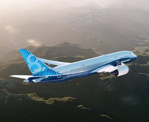 A Boeing 787 Dreamliner in flight, representing Boeing's commercial aviation operations in Q2 2026