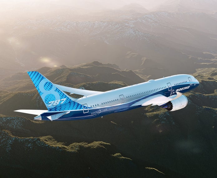 A Boeing 787 Dreamliner in flight, representing Boeing's commercial aviation operations in Q2 2026