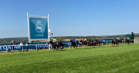 Bow Echo and jockey Billy Loughnane cross the line to win the Sussex Stakes at Goodwood 2026