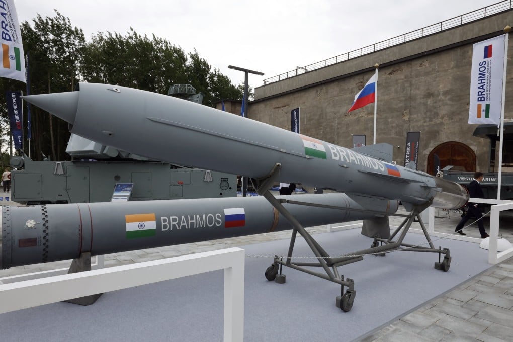 BrahMos supersonic cruise missiles jointly developed by India and Russia on display at a defense exhibition