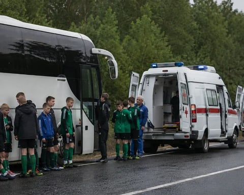 Belarusian youth football team players stand beside their bus with emergency services after drone strike in Bryansk region Russia June 2026