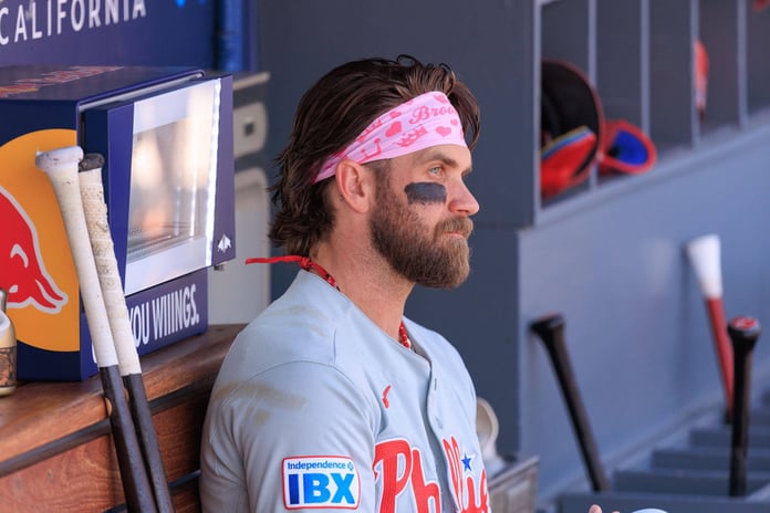 Bryce Harper of the Philadelphia Phillies at bat during the 2026 MLB season