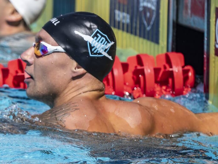 Caeleb Dressel competing in the 100m freestyle at the 2026 Toyota US National Championships in Irvine California