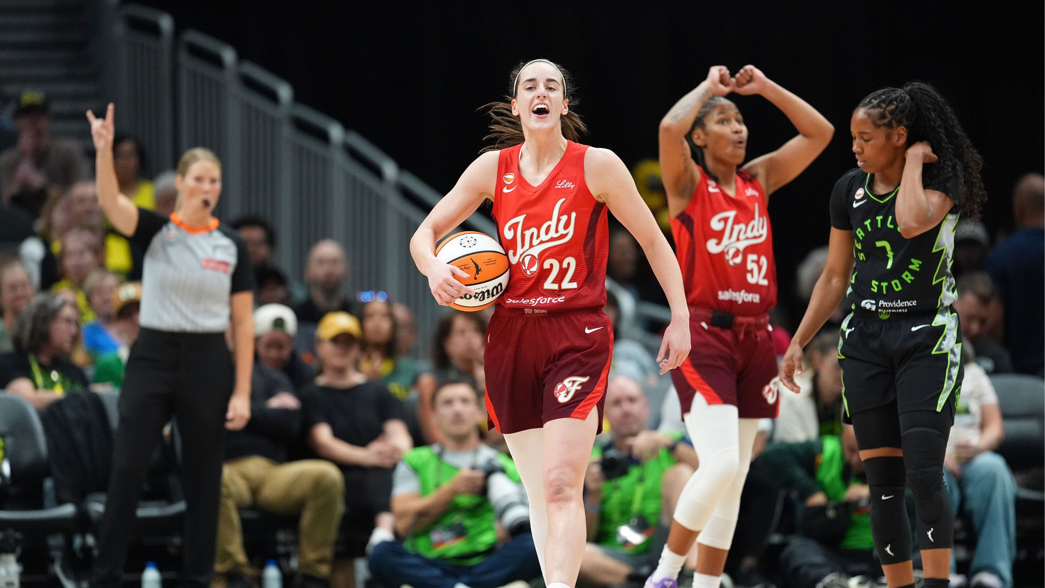 Caitlin Clark of the Indiana Fever reacts during the first half against the Seattle Storm