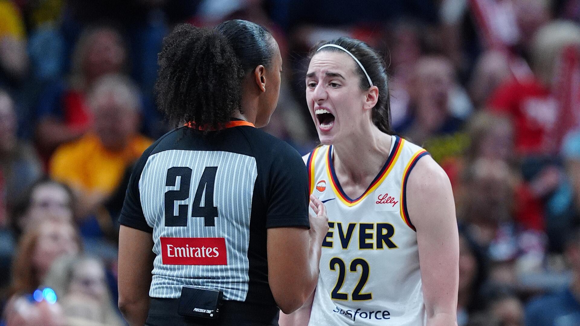 Caitlin Clark reacts during an Indiana Fever WNBA game