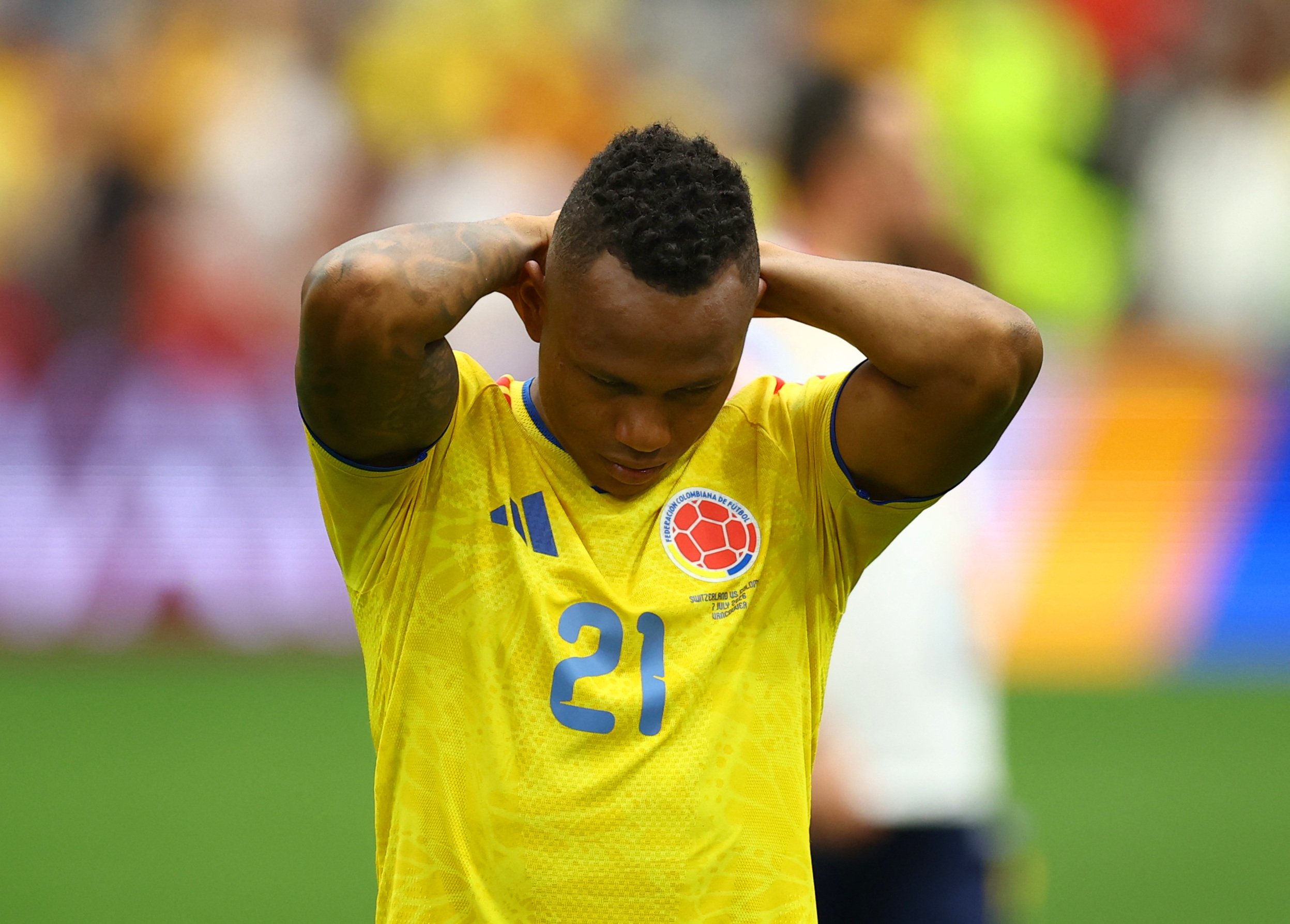 Jaminton Campaz and Colombia players look dejected after their penalty shootout defeat to Switzerland at the 2026 World Cup in Vancouver