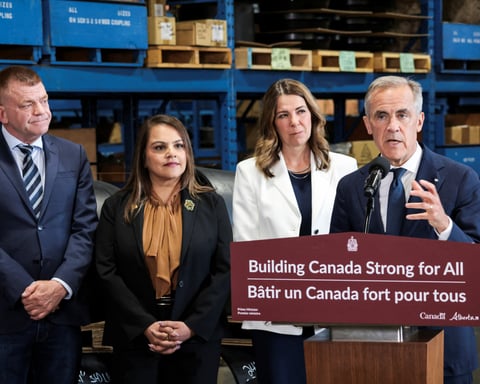 Canadian Prime Minister Mark Carney announces Pacific pipeline deal at press conference in Calgary Alberta