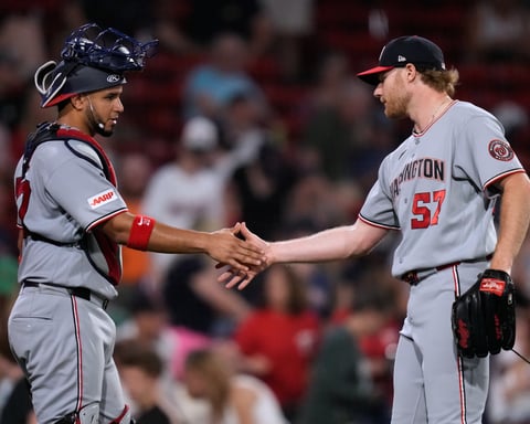 Washington Nationals players celebrate after defeating the Boston Red Sox at Fenway Park during the July 2026 series
