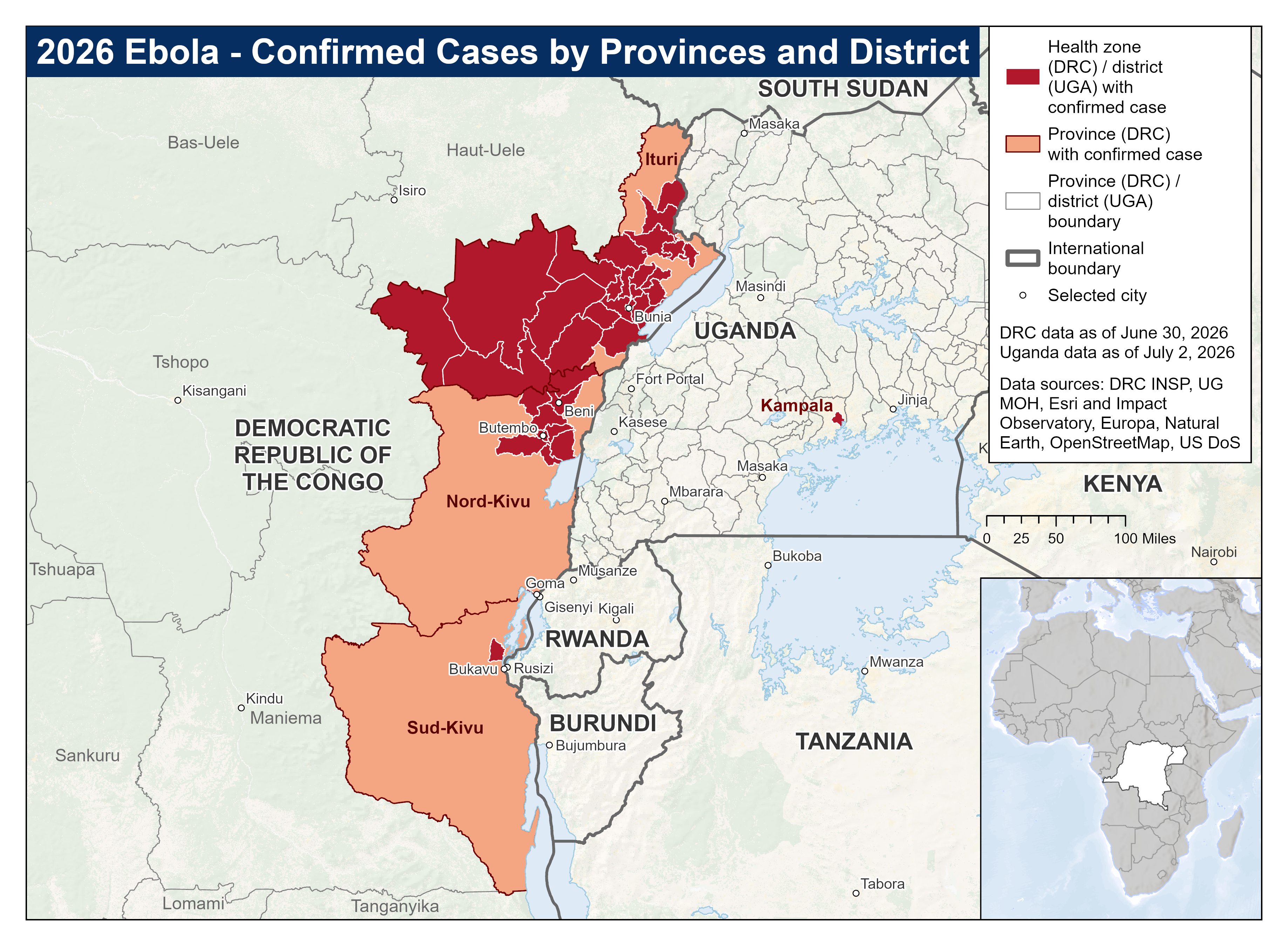 Map showing Bundibugyo Ebola-affected areas in the Democratic Republic of the Congo and Uganda June 2026