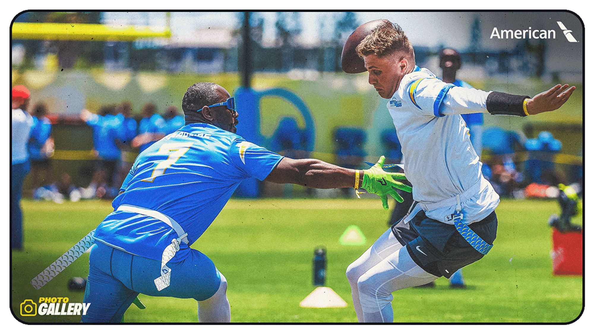 Chargers players running drills at The Bolt training facility in El Segundo during 2026 training camp