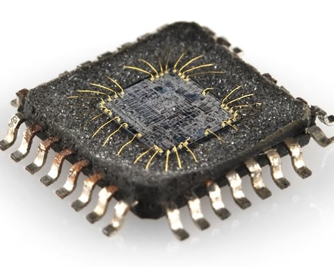 Integrated circuit chip showing semiconductor components dependent on helium for wafer cooling and plasma etching