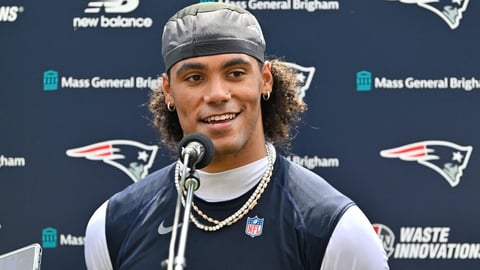 New England Patriots cornerback Christian Gonzalez at training camp 2026 with contract talks ongoing