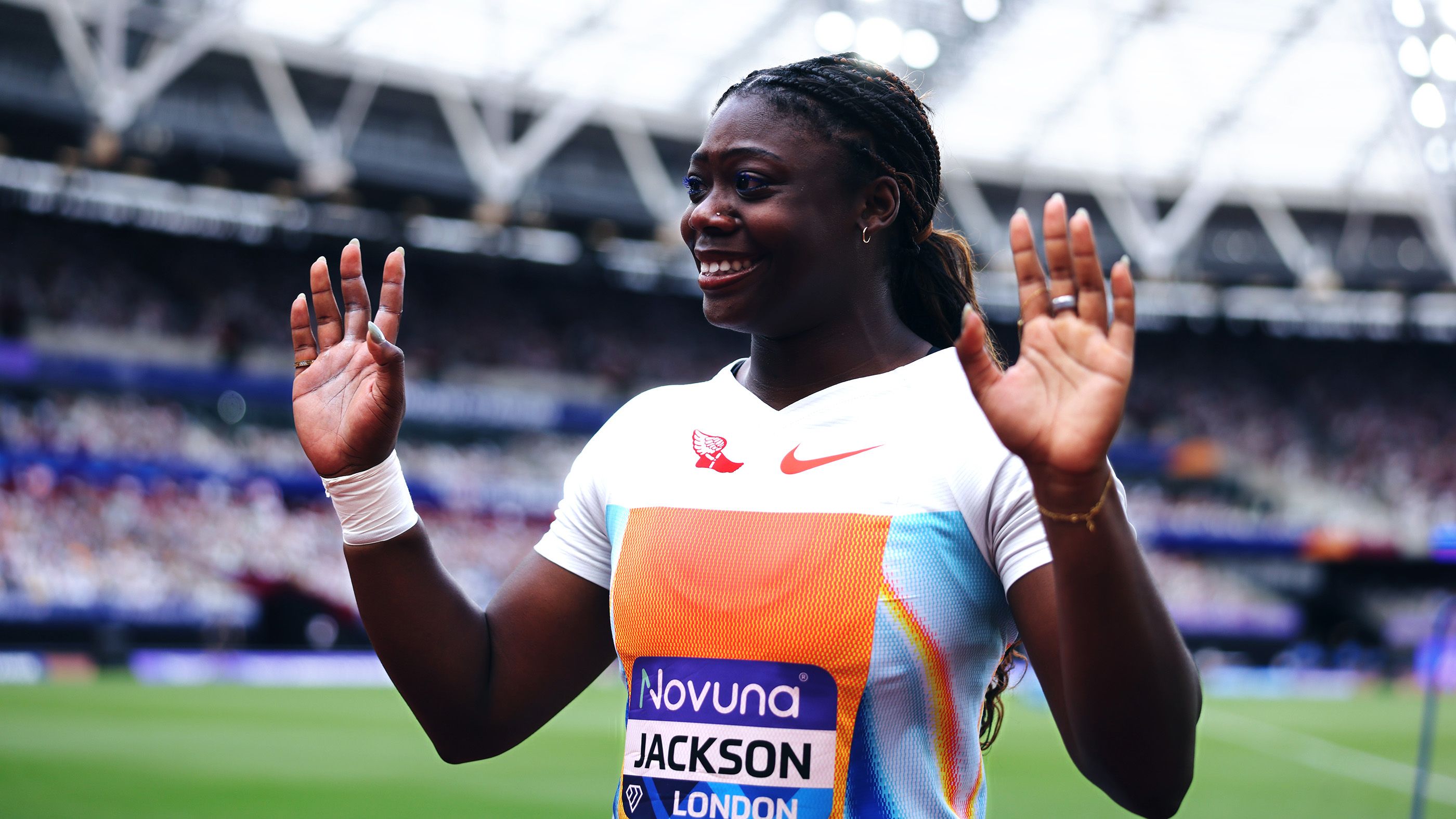 Cierra Jackson celebrates her Diamond League record discus throw of 71.72m at the London Diamond League