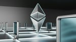 3D Ethereum cryptocurrency logo surrounded by blockchain network nodes