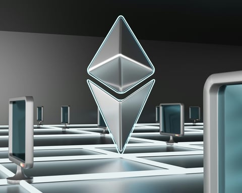 3D Ethereum cryptocurrency logo surrounded by blockchain network nodes