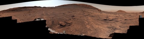NASA Curiosity rover panorama showing vast field of honeycomb-like polygon fractures in Valle Grande region of Mars