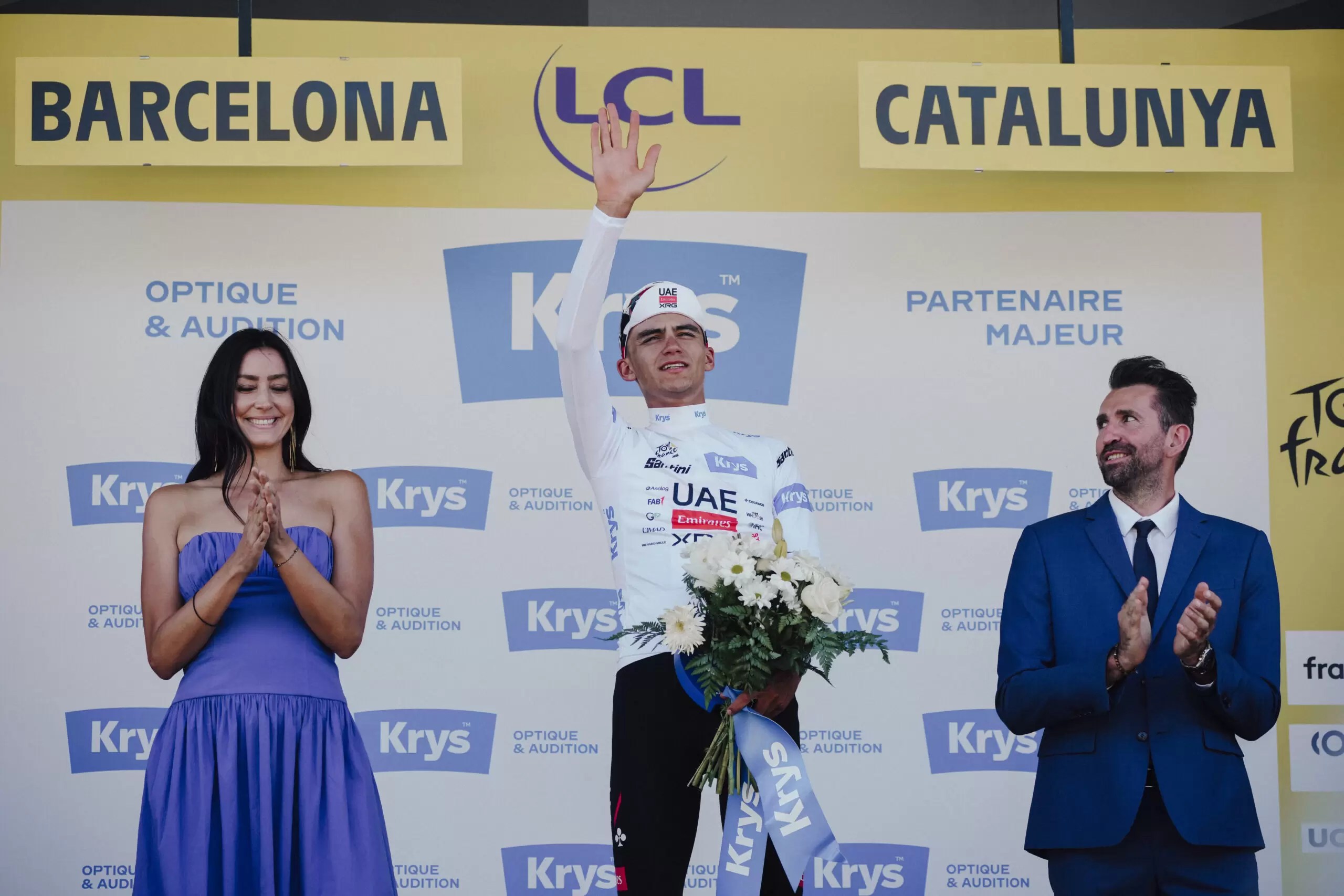 Isaac del Toro of UAE Team Emirates-XRG sprints to victory atop Montjuic in Tour de France Stage 2, July 5, 2026