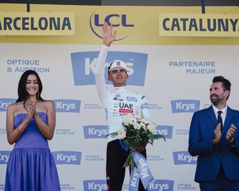 Isaac del Toro of UAE Team Emirates-XRG sprints to victory atop Montjuic in Tour de France Stage 2, July 5, 2026