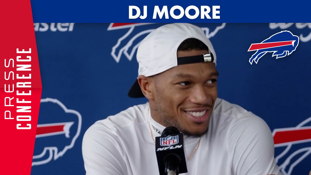 DJ Moore at the podium during Buffalo Bills 2026 training camp media session