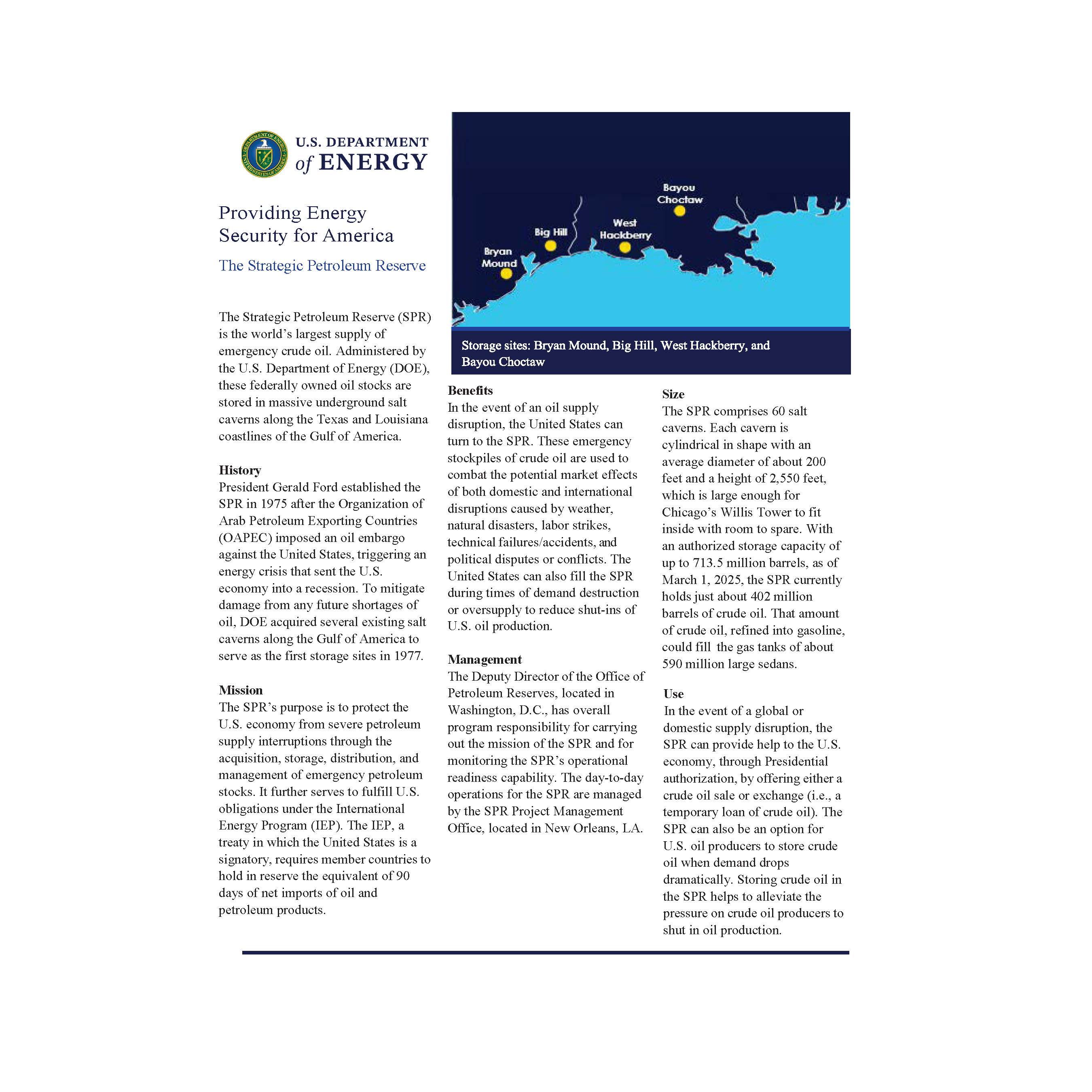 US Department of Energy Strategic Petroleum Reserve capacity and storage site data factsheet
