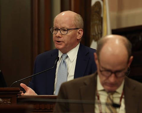 Illinois Senate President Don Harmon speaks at an executive committee hearing at the Illinois State Capitol in Springfield