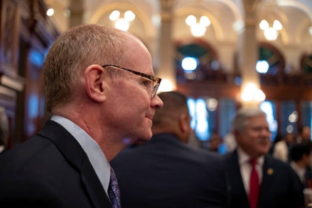 Illinois Senate President Don Harmon arrives at the Illinois State Capitol ahead of Governor JB Pritzker's State of the State address