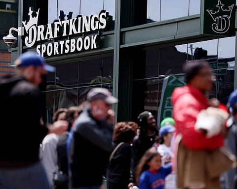 DraftKings Sportsbook signage outside Wrigley Field in Chicago before a Cubs game