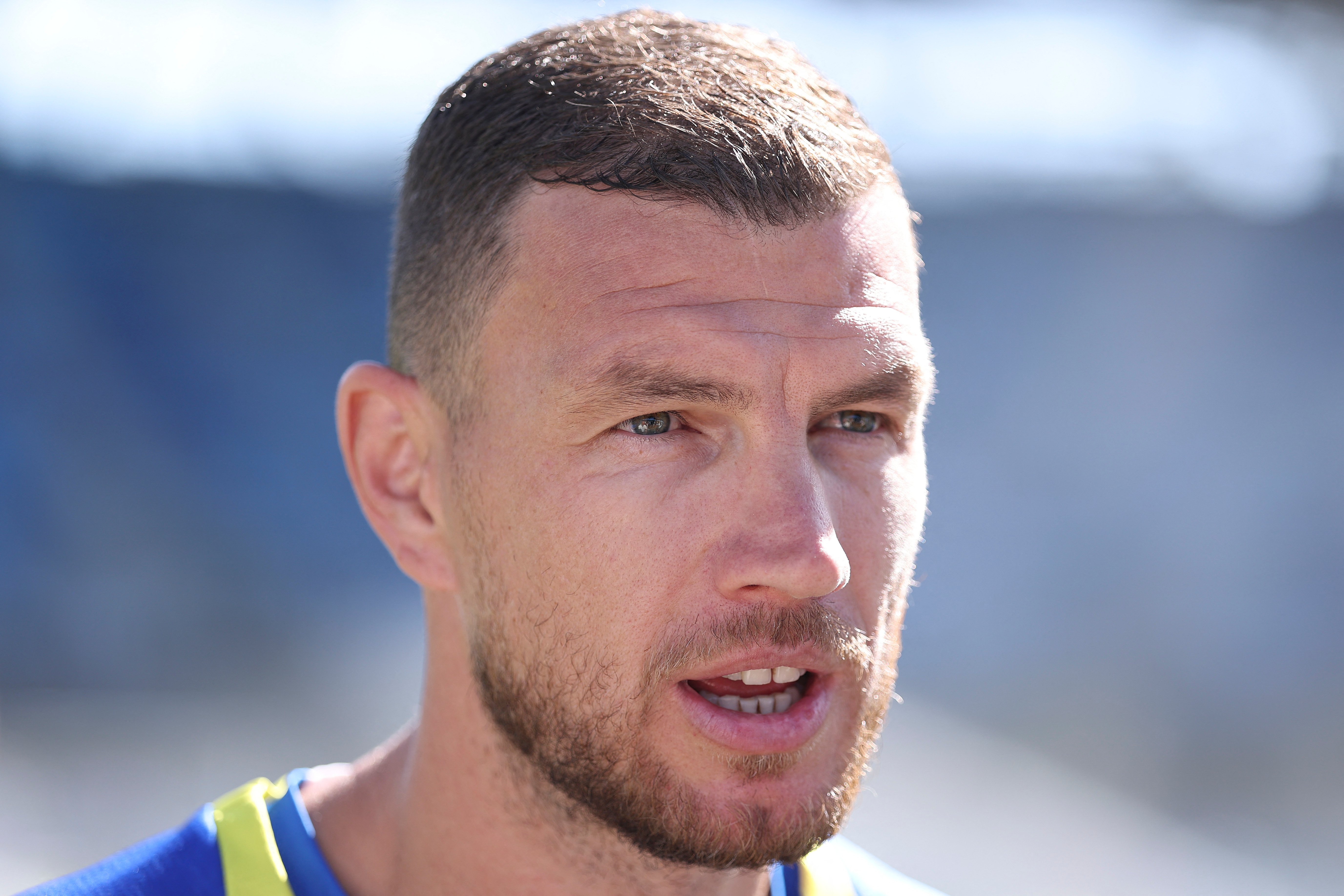 Edin Dzeko speaks to media during Bosnia-Herzegovina training ahead of their World Cup 2026 round of 32 match against USA