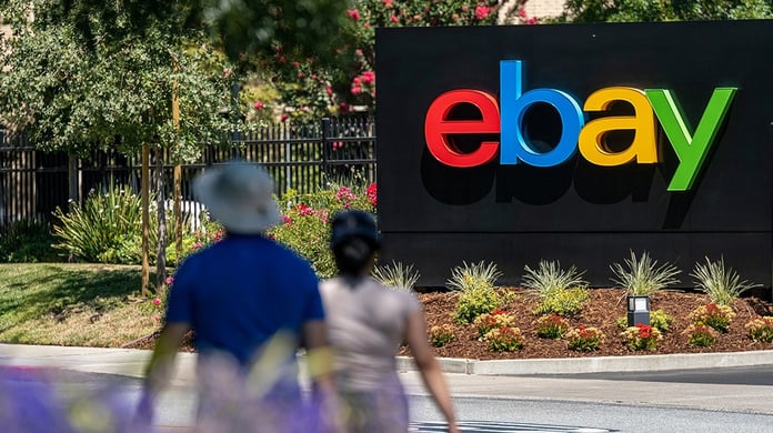 eBay headquarters logo following $55.7 million settlement with David and Ina Steiner over executive harassment campaign