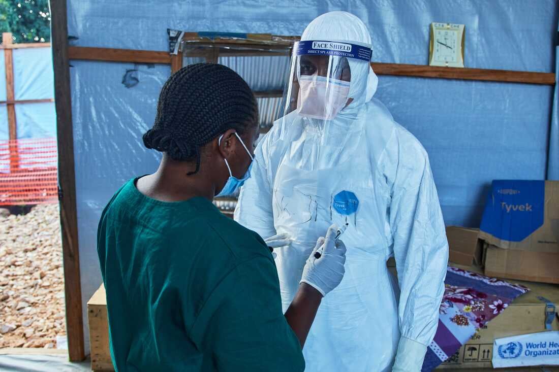 Healthcare workers at an Ebola treatment center in the Democratic Republic of the Congo during the 2026 Bundibugyo outbreak