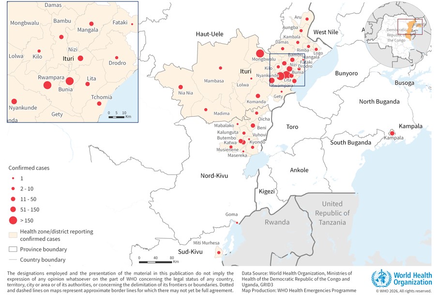 WHO map showing geographic distribution of Bundibugyo ebolavirus cases in DRC and Uganda July 2026