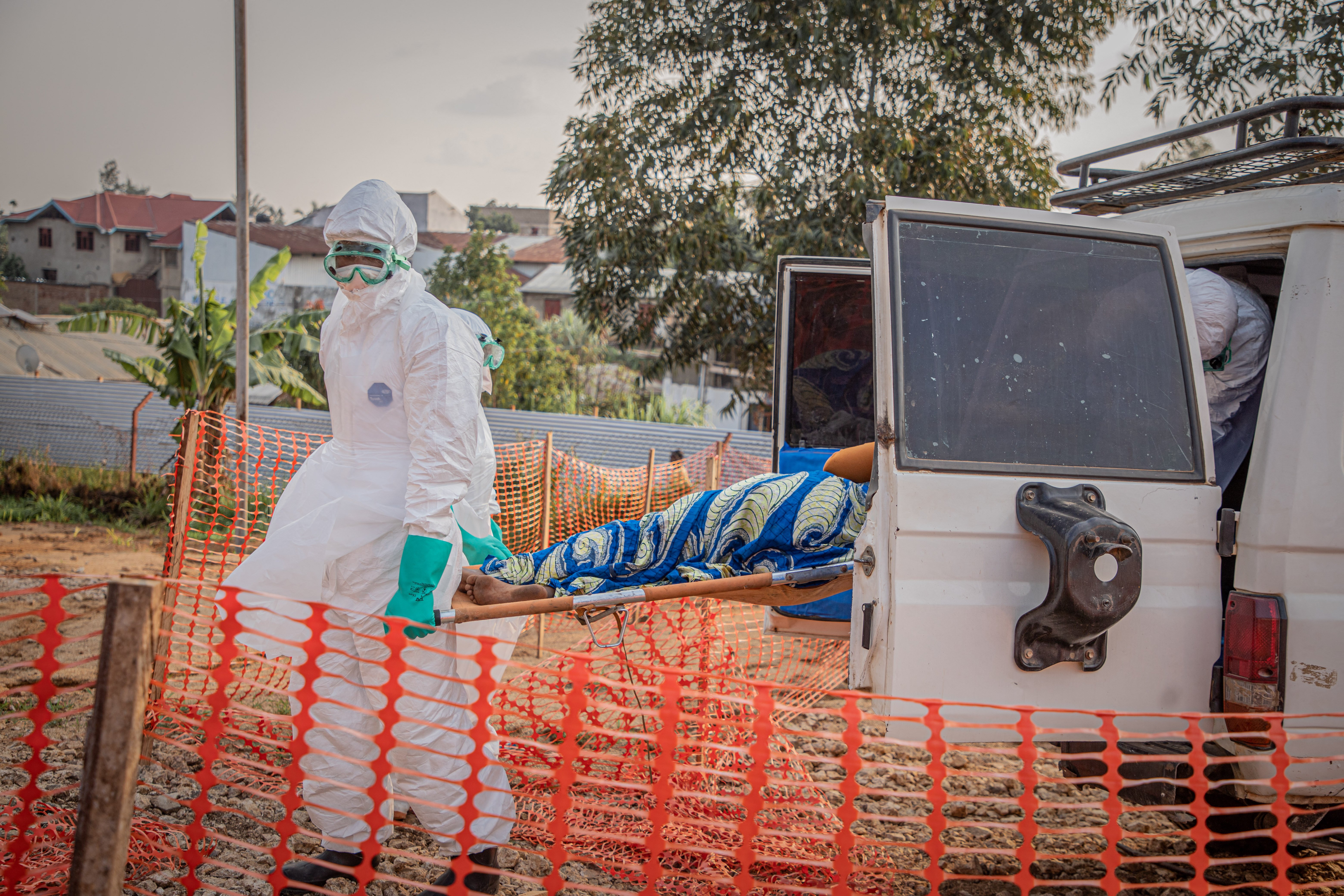 An aid worker in full protective equipment during the Ebola outbreak response in Democratic Republic of Congo